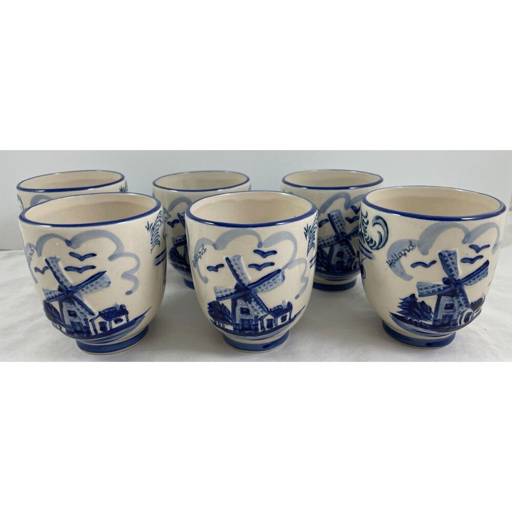 Delft Blue Cup Set of 6 Windmill Hand Painted Holland 3D Embossed Blue